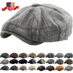 Men’s Newsboy Button Top Ascot Ivy Cabbie Hat Gatsby Cap Plaid PU Leather