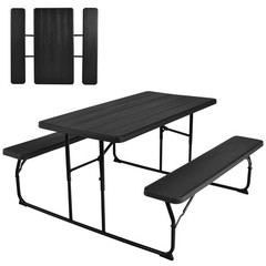 Indoor & Outdoor Folding Picnic Table Bench Set w/ Wood-like Texture Black
