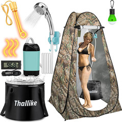 Camping Shower Tent Kit, 1000W Heater, Rechargeable Pump, 6.6 Gls Folding Bucket