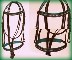 Horse BROWN Teal Crystal Browband English Hunt Jump Show Bridle Full/Cob/Pony