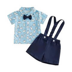 Newborn Baby Boy Easter Outfit Short Sleeve Bunny Print 12-18 Months Blue