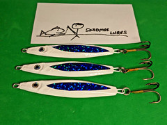 3 – 2 oz FLUTTER SPOON FISHING LURE JIG JIGGING TROLLING LEAD SLAB WHITE / BLUE