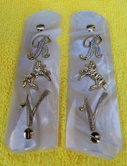 1911 LETTERS *R V Horse Pearlite Engraved Grips Colt 45 38 super Gold Plated