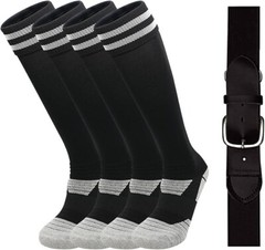 Kids Youth Baseball Softball Socks & Belt Combo Set, 2 Pairs Training Socks