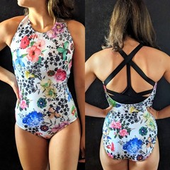 GK Elite Gymnastics Leotard Floral Printed Criss Cross Back Multi-Color Size AM