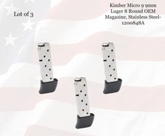 LOT of (3) Kimber Micro 9 9mm Luger 8rd OEM Magazine, Stainless Steel – 1200848A
