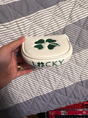 Lucky Four Leaf Clover Putter Headcover, White/Green Faux Leather, Personalized