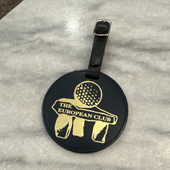 The European Club Blue/Gold Leather Golf Bag Tag w/ Strap. Vintage unused