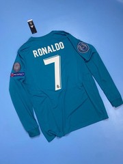 Real Madrid 2017/18 Long Sleeve Third Jersey UCL Patches Blue Shirt Ronaldo #7
