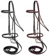 English Show Bridle – Reins – Braided Raised Black Leather – Full Horse Size