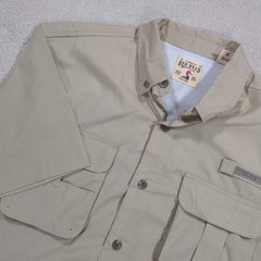 Red Head Fishing Shirt Mens Large Short Sleeve Vented Beige Tan Tackle Pockets