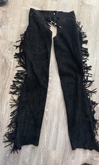 WOODS WESTERN BLACK FRINGE PIGSKIN LEATHER SHOW CHAPS HORSE RIDING