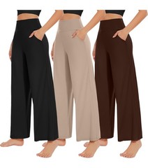 NEW YOUNG 3 Pack Women’s Wide Leg Pants with Large, Black,brown,apricot