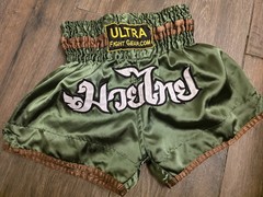 Ultra Fight Gear Muay Thai Shorts Size S Green/Brown Satin Thailand