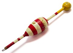 Unknown 9″ Vintage All-Wood Fishing Bobber Float, Red White Stripes, Yellow
