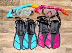 Lot of 2 Adicop Kids Snorkel Sets Pink & Teal Mask Fins Dry Snorkel W/ Mesh Bag!