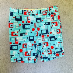 Loudmouth Golf Mens 40 Shorts Teal Blue Retro Geometric Mid Century Modern Print