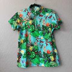 Tzu Tzu Large Quarter Zip Polo Shirt Teal Short Sleeve Tropical Bird Butterfly