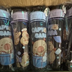 Capybara Cartoon Plastic Water Bottle Flip Lock Lid Purple Blue Clear