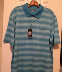 Men’s Greg Norman Play Dry SS Dk & Lt Turquoise Stripe Golf Shirt – LG – NWT