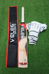 VELES STRONGER, ENGLISH WILLOW CUSTOM MADE CRICKET BAT & VELES BATTING GLOVES