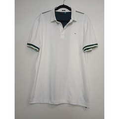 J.Lindeberg Mens XL Slim Fit Golf Polo Shirt White Navy Blue Back Logo Striped