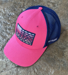 Columbia PFG Pink Navy Blue Mesh Snapback Trucker Hat American Flag Fishing Cap