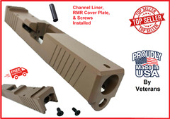 GLOCK 19 G19 FDE RMR SLIDE W/ COVER, FRONT / REAR SERRATIONS, & CHANNEL LINER