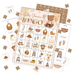 Baby Shower Bingo Game Cards Set for Guests Adults, Brown Bear Woodland Baby …