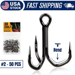 50PCS Fishing Treble Hooks – 3X Strong Triple Hooks High Carbon Steel Bass Pike