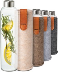 Glass Water Bottle 25oz with Felt Sleeve – Borosilicate Glass – Leakproof Lid…