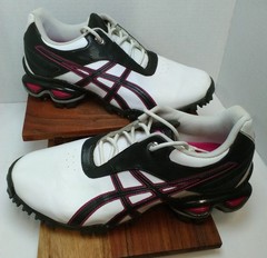 Asics Womens Golf 9.5m Shoes Cleats GEL Linksmaster P082Y White/Black & Pink
