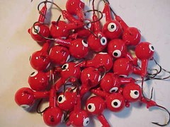 25 NEW LEAD HEAD JIG HEADS 3/8 OZ. lead WALLEYE JIGS RED 1/0 hooks