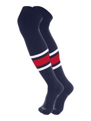 Dugout 3 Stripe Over the Knee Baseball Socks Large, Navy/White/Scarlet