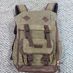 BONDKA Jigsaw Backpack Green Canvas Brown Faux Leather Many Zippers Pockets