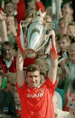 Eric Cantona of Manchester United holding the Premier League Champ- Old Photo