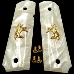 1911 Commander Full Size Grips White Pearl 24K Gold Emblem Ambidextrous Cut