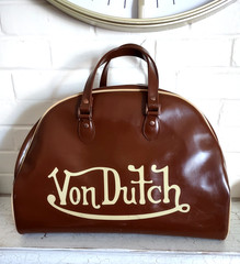 VTG Von Dutch Boston Bowling Bag Y2k Two-Tone Brown Tan Hand Carry Zip Up Footed