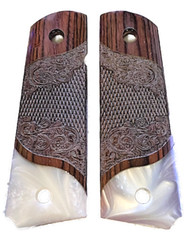 1911 GRIPS for Colt & Clones Gun Mother of Pearl Carved Rosewood Bottom Pearl