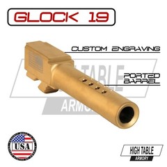Glock 19 Ported Gold (TiN) Crowned Barrel (Gen 1-4) Flag Engraved