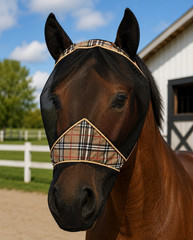 Fly Mask with Ears, Black Mesh with Plaid Trim, Black/Beige/Red size full