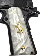 Custom 1911 Pistol Grips White Pearl 24K Gold Plated Ambi Cut W/ Screws