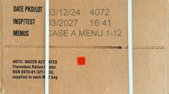 MRE, ALL CASE A MEALS, ENTIRE LOT, INSP 2027, Outdoor/Survival Meals, Menu 1-12