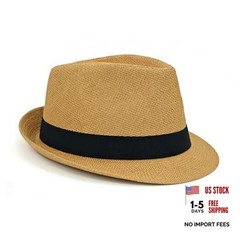 Straw Fedora Hat for Men Summer Short Brim Panama Hat Beach Small-Medium Khaki