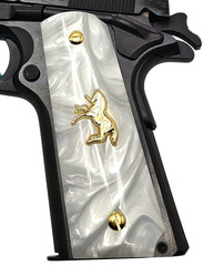 Custom 1911 Full Size Grips White Pearl 24K Gold Colt Horse & Screws Ambi