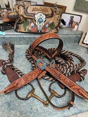Complete Mecate Tooled Bridle / Vintage Snaffle Bit / Mecate Rein Slobber Straps
