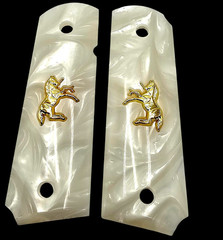 Luxury 1911 Full Size Grips White Pearl w/ 24K Gold Colt Horse Ambi
