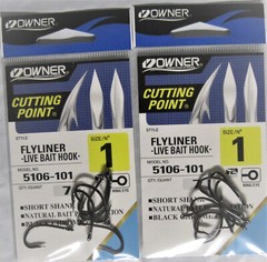 Five (5) Packs of Owner Flyliner Fish Hooks Sizes 1 or 2/0