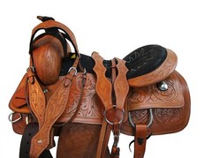 USED COWBOY WESTERN ROPING SADDLE HORSE RANCH FLORAL TOOLED LEATHER 15 16 17 18