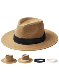Panama Hat Sun Hats for Women Men Wide Brim Fedora Straw Beach Hat UV UPF 80+